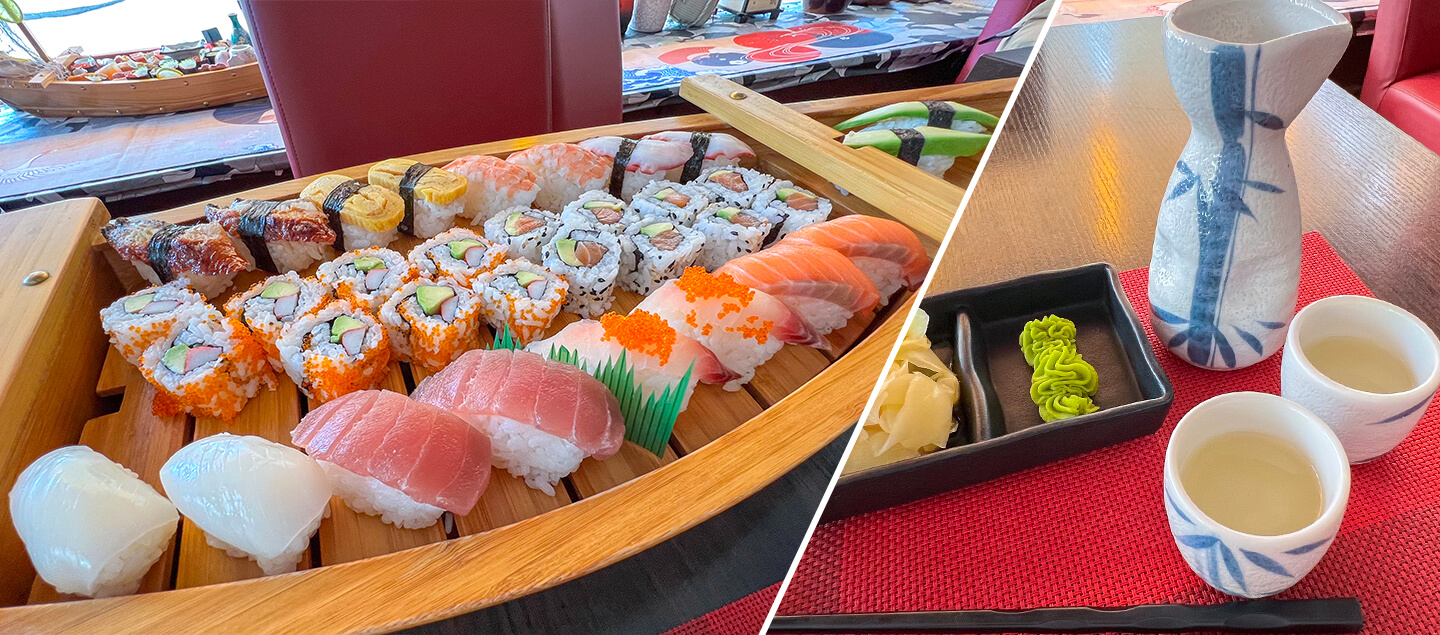 Bateau sushis avec salade et verres de saké dès 2 personnes