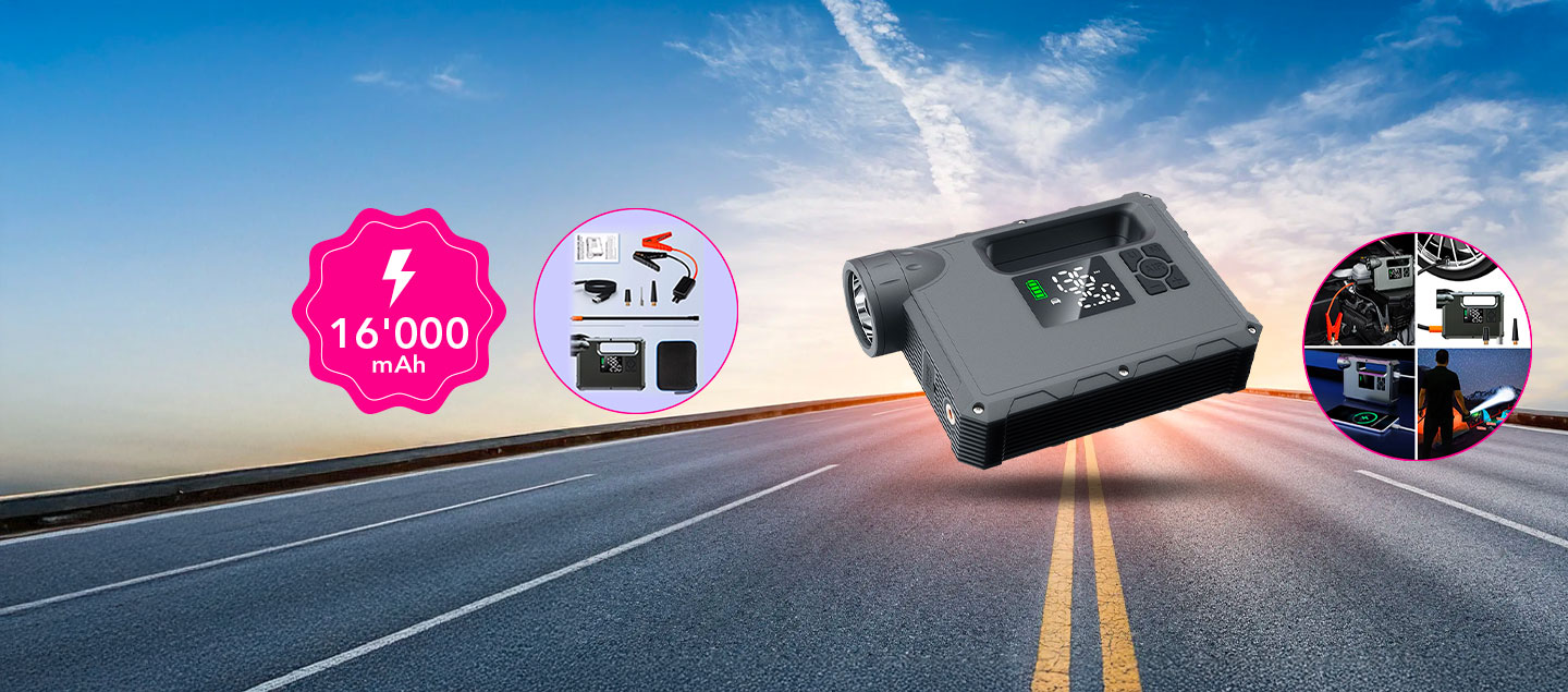 Booster de voiture rechargeable 4en1 16'000 mAh (démarreur, compresseur, powerbank et lampe)