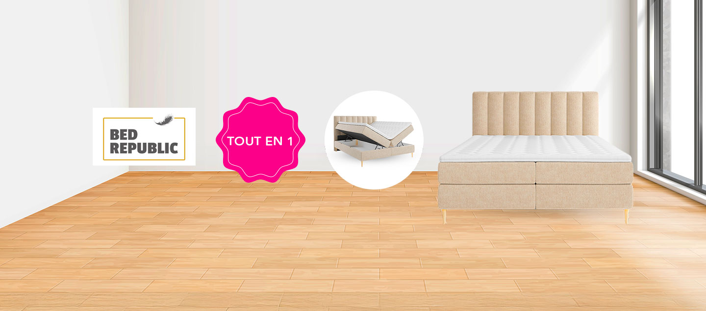 Lit Boxspring complet avec Coffre, Surmatelas et Matelas à mémoire de forme inclus - Beige - BEDREPUBLIC