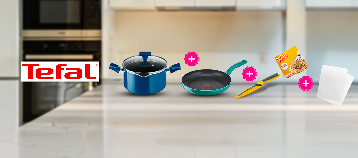Set de 6 pièces ChefClub Tefal (1 Poêle, 1 Casserole, 2 planches à découper, 1 couteaux et 1 livre de recettes)