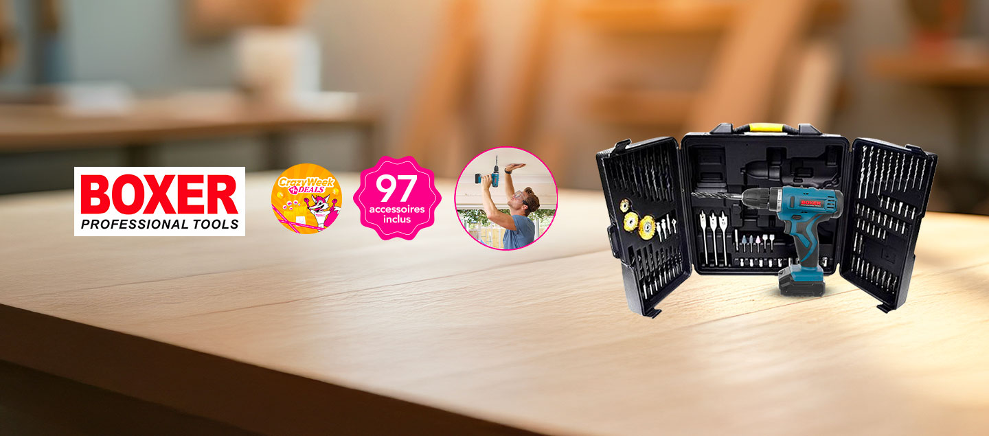 Boîtes à outils avec 1 perceuse sans fil et 97 accessoires BOXER