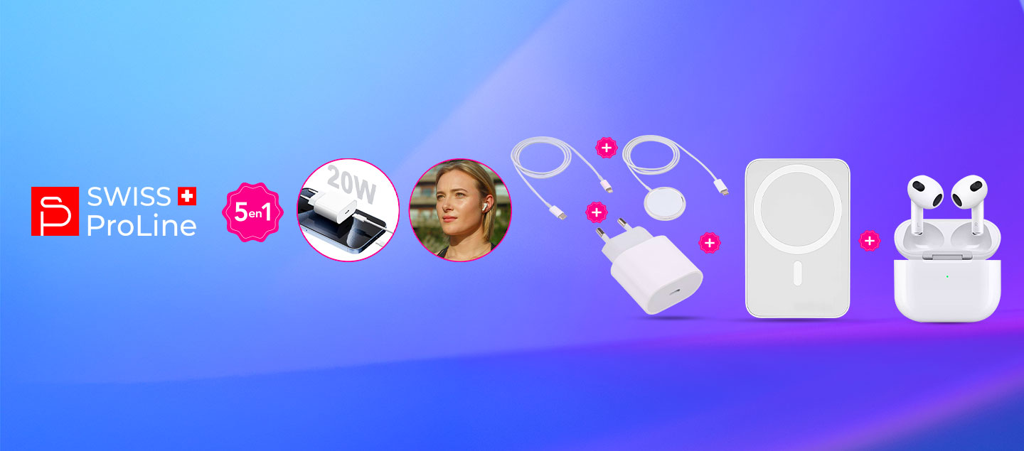 Kit indispensable de secours Swiss ProLine (Batterie magnétique / Câble USB C / Chargeur / Chargeur magnétique / Ecouteurs sans fil)