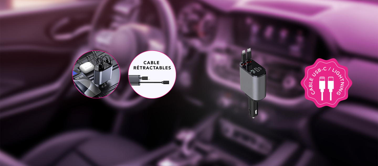 Chargeur de voiture pratique 4en1 avec câbles rétractables