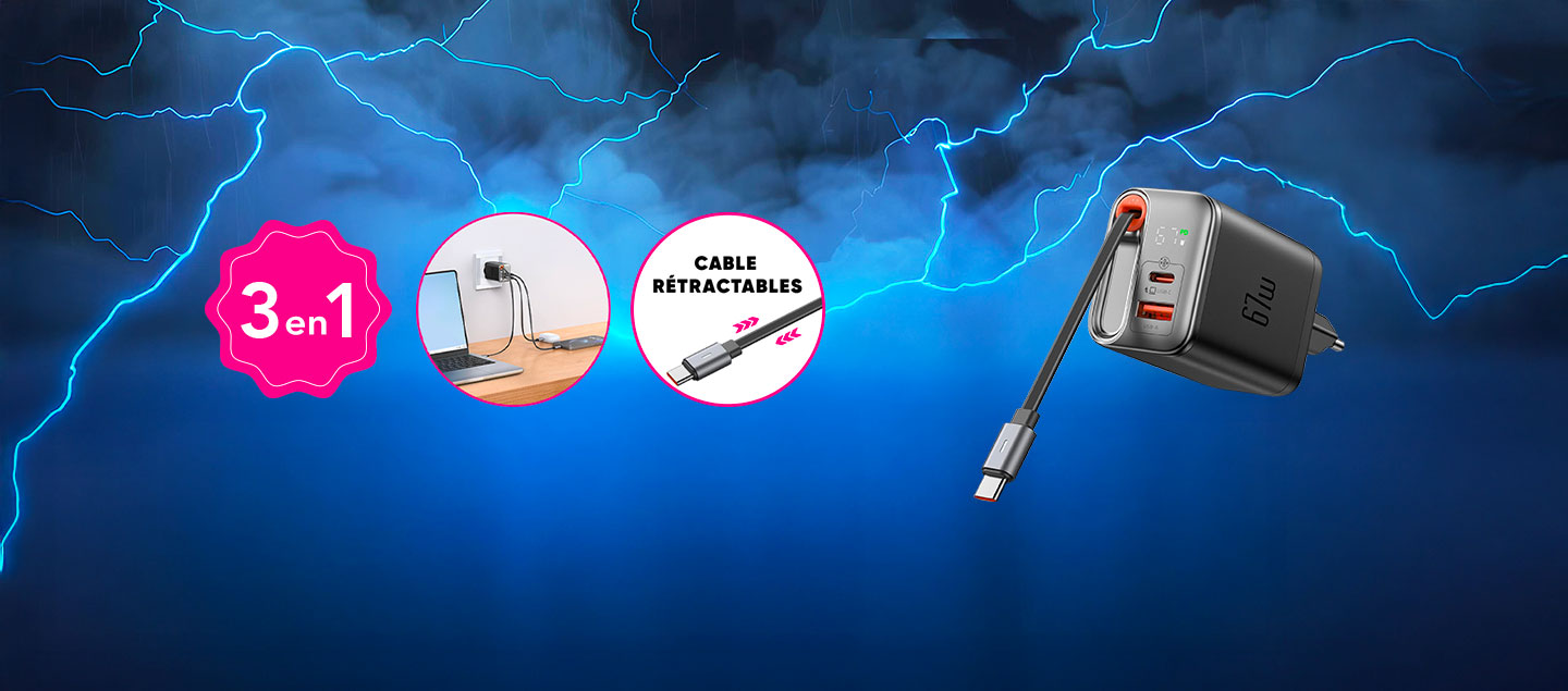 Chargeur 3en1 rapide avec câble USB-C rétractable