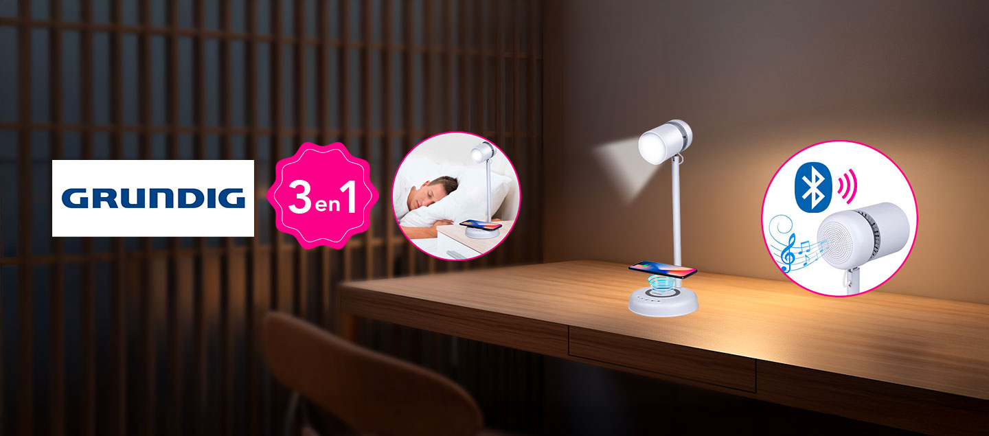 Lampe LED 3en1 connecté Bluetooth avec chargeur et hauts parleurs GRUNDIG