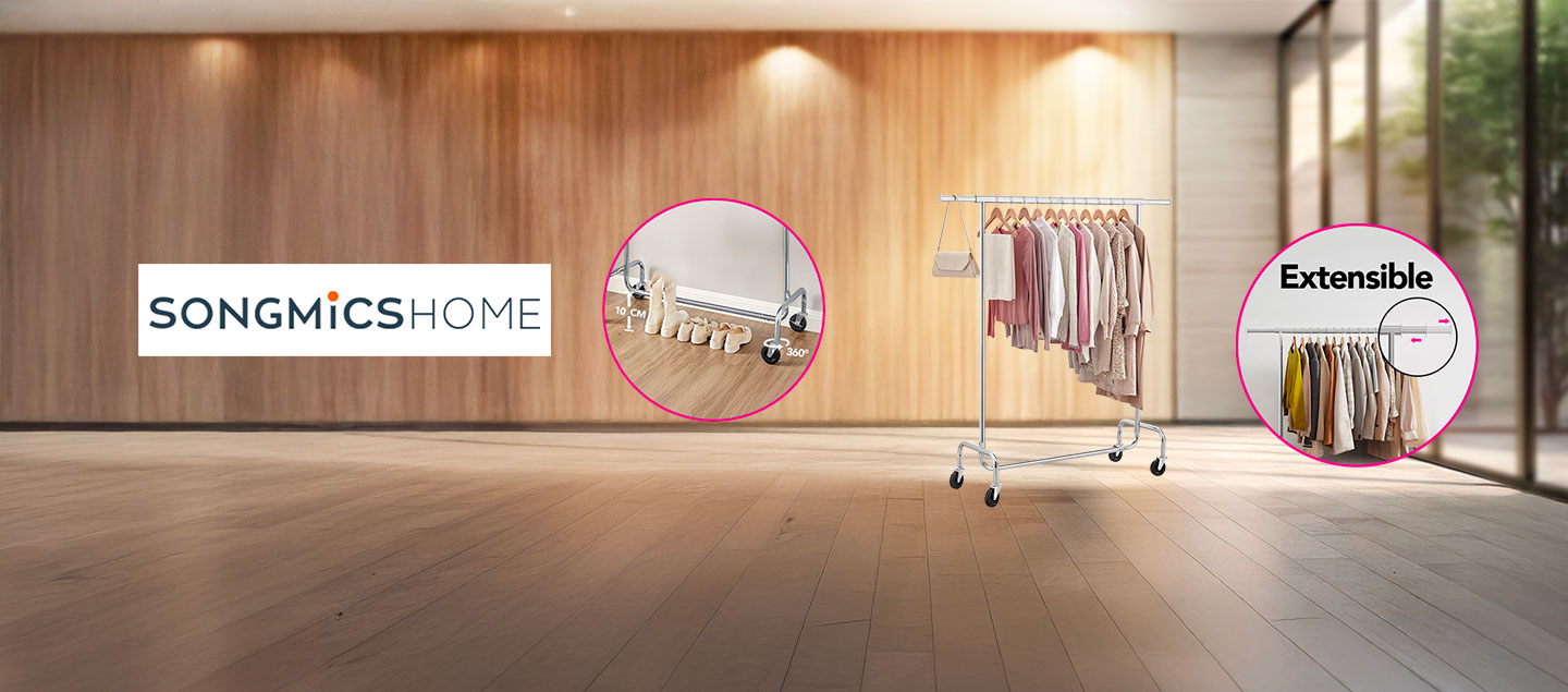 Porte-vêtements robuste avec roulettes et tringle extensible SONGMICS