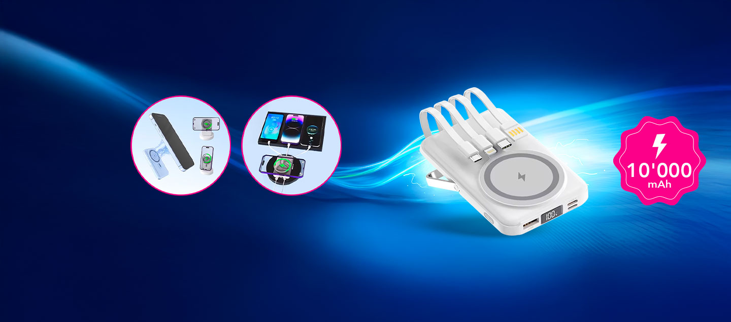 Batterie portable magique avec fonction magnétique et 4 câbles intégrés