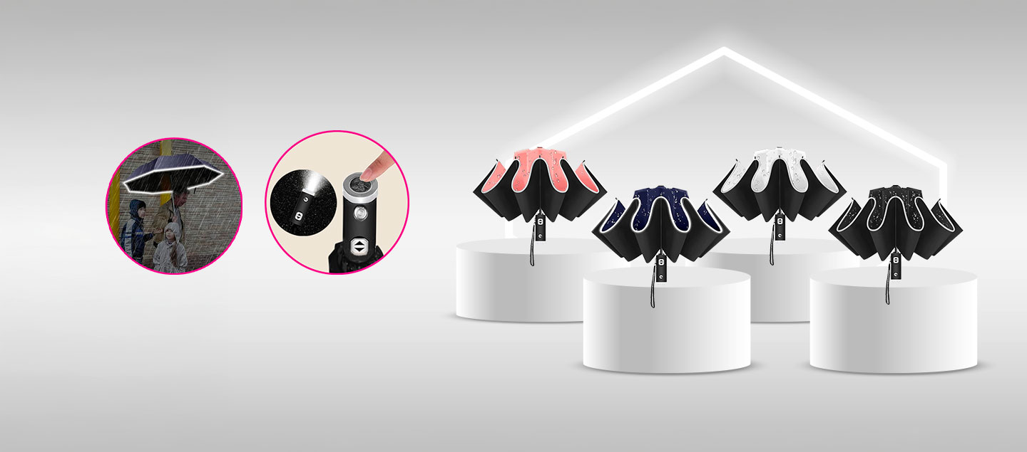 Parapluie lumineux 3en1 pratique à fermeture inversée avec lampe intégrée
