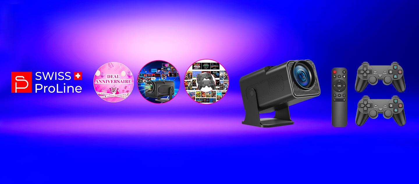 Projecteur connecté haute définition 4K avec 3'000 jeux inclus (Netflix, Youtube, Amazon) Swiss ProLine