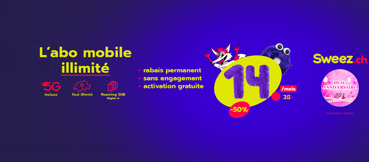 Abonnement mobile illimité Let’s Sweez RD2 (CHF 14.- au lieu de CHF 28.- par mois sans engagement)