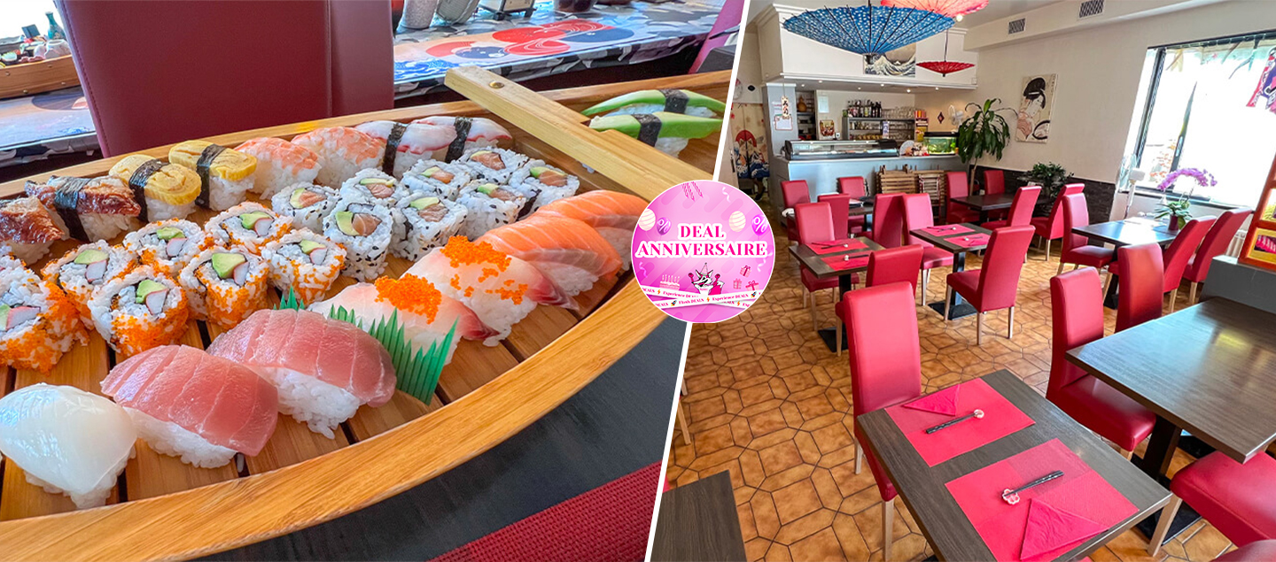 Bateau sushis avec salade et verres de saké dès 2 personnes