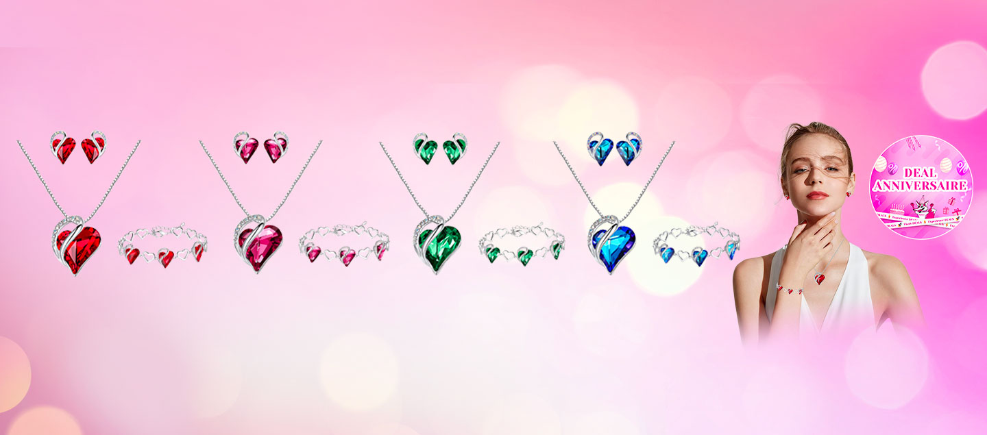 Set de 3 Bijoux en forme de coeur avec cristaux (Collier, Bracelet, Boucles d'oreille) LEAFAEL