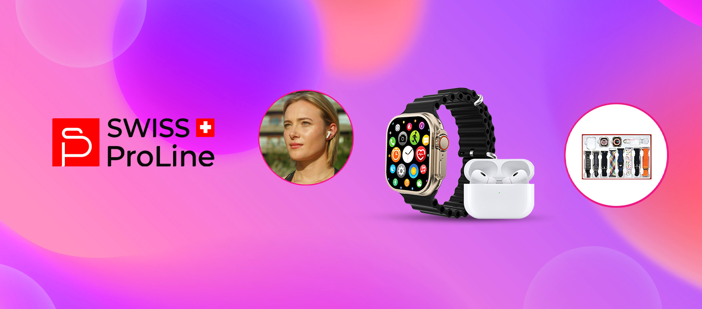 Coffret montre connectée, écouteurs sans fil Bluetooth, protection écran avec 8 bracelets Swiss ProLine