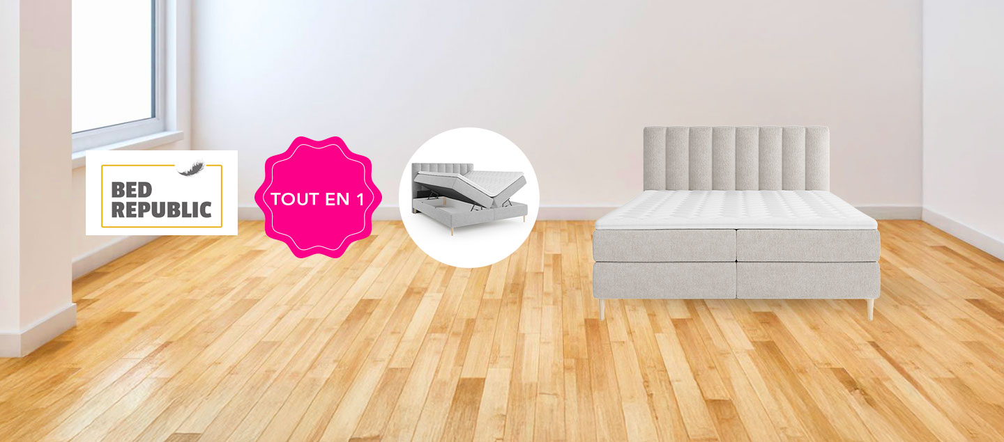 Lit Boxspring complet avec Coffre, Surmatelas et Matelas à mémoire de forme inclus - Gris - BEDREPUBLIC 