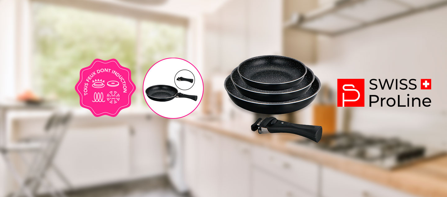 Set de 3 poêles avec poignée amovible tous feux dont Induction Swiss ProLine