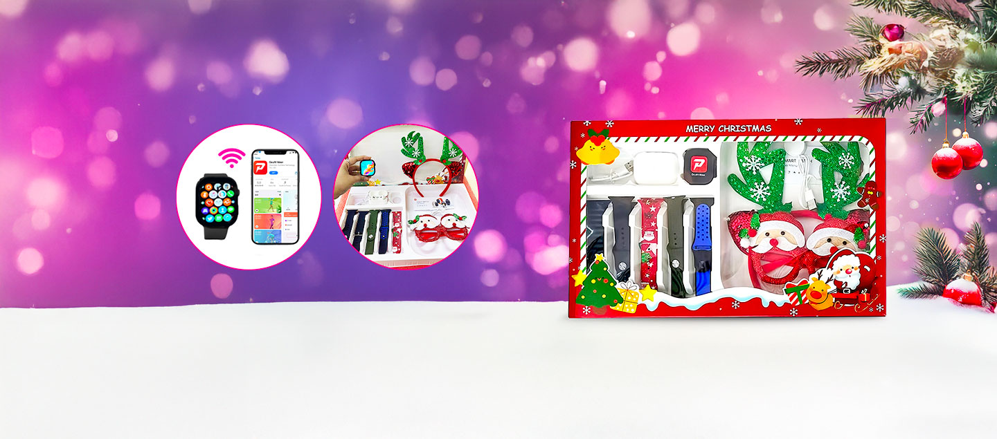 Coffret cadeaux NOËL - Montre connectée multifonctions, écouteurs sans fil bluetooth, 5 bracelets de rechange, 2 gadgets de Noël