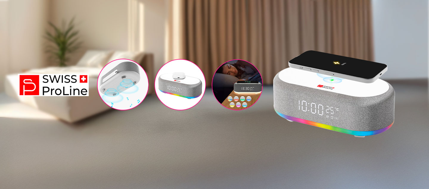 Réveil 6en1 (horloge, réveil, chargeur, LED, enceinte, thermomètre) Swiss ProLine