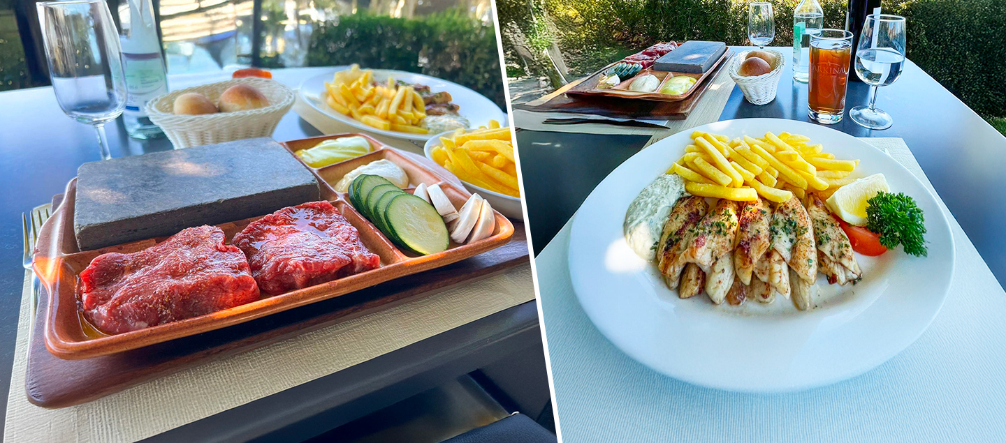 Menu Entrecôte sur ardoise ou Filets de Perches meunière avec entrée, dessert, minérale, cafés et bouteille de vin dès 2 personnes