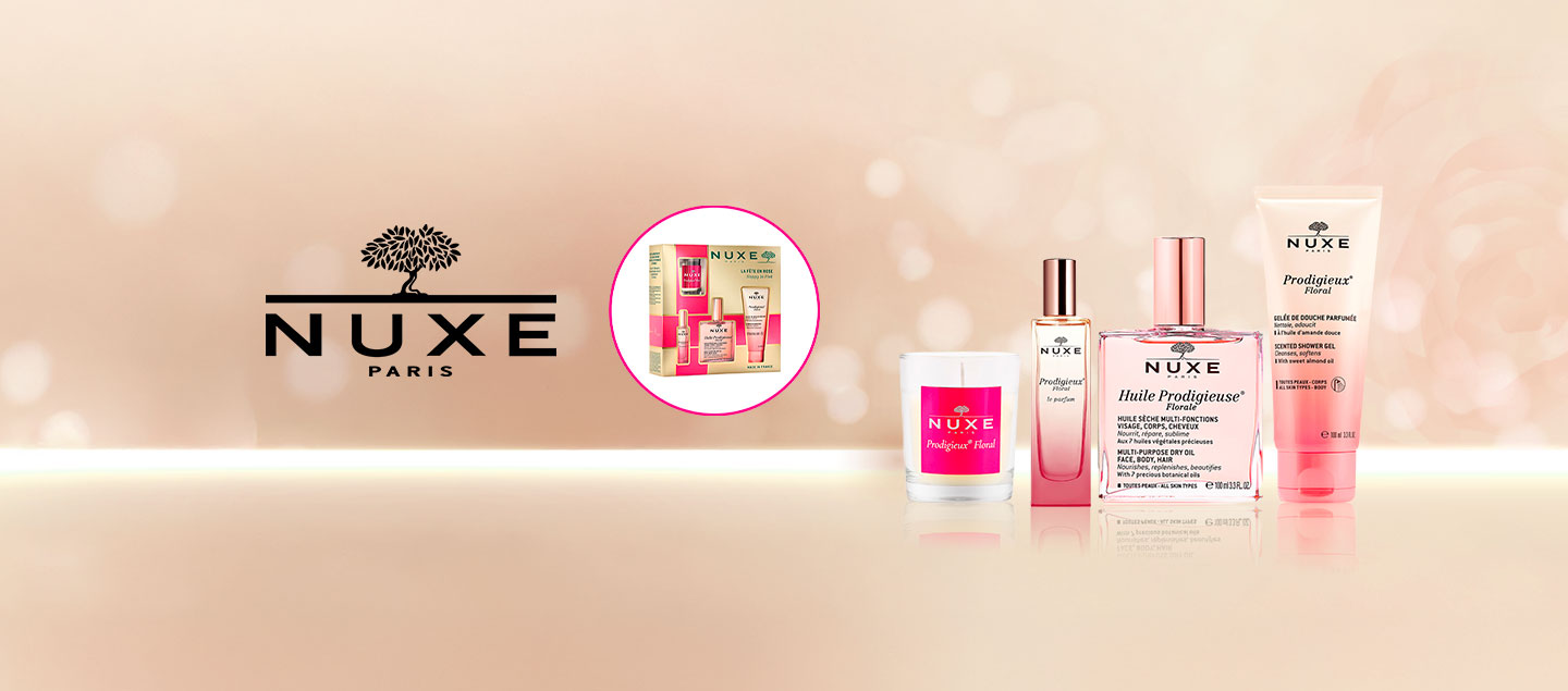 Coffret de beauté NUXE (Huile Prodigieuse 100ml, Parfum 15ml, Gel Douche 100ml, Bougie parfumée 70g)