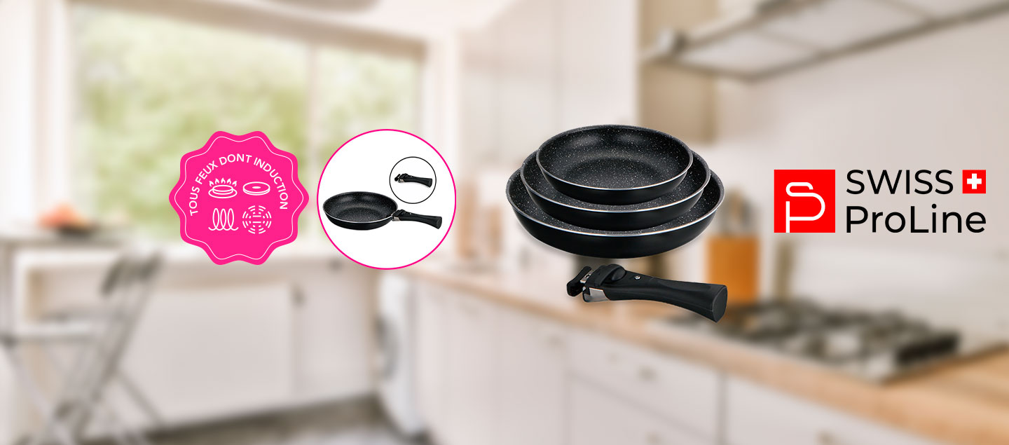 Set de 3 poêles avec poignée amovible tous feux dont Induction Swiss ProLine