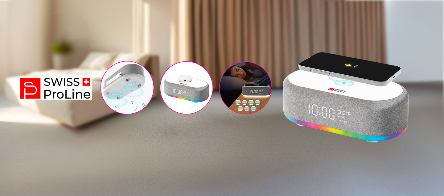 Réveil 6en1 (horloge, réveil, chargeur, LED, enceinte, thermomètre) Swiss ProLine