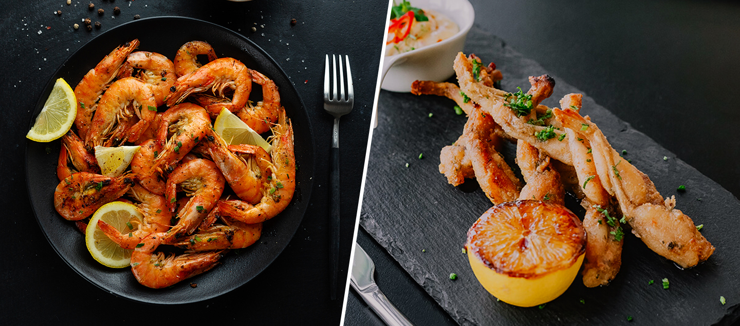 Menu Gambas ou Cuisses de grenouilles au choix avec entrée et dessert dès 2 personnes