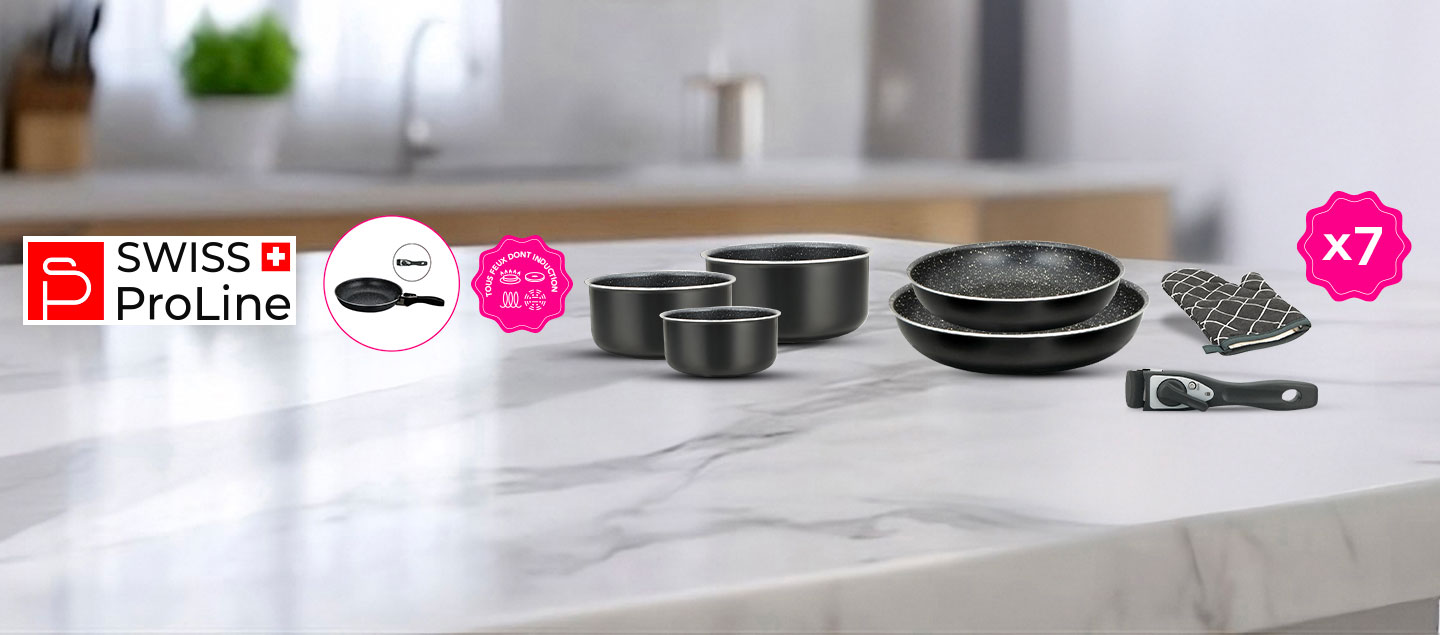Batterie de cuisine 7 pièces avec poignée amovible tous feux dont Induction Swiss ProLine