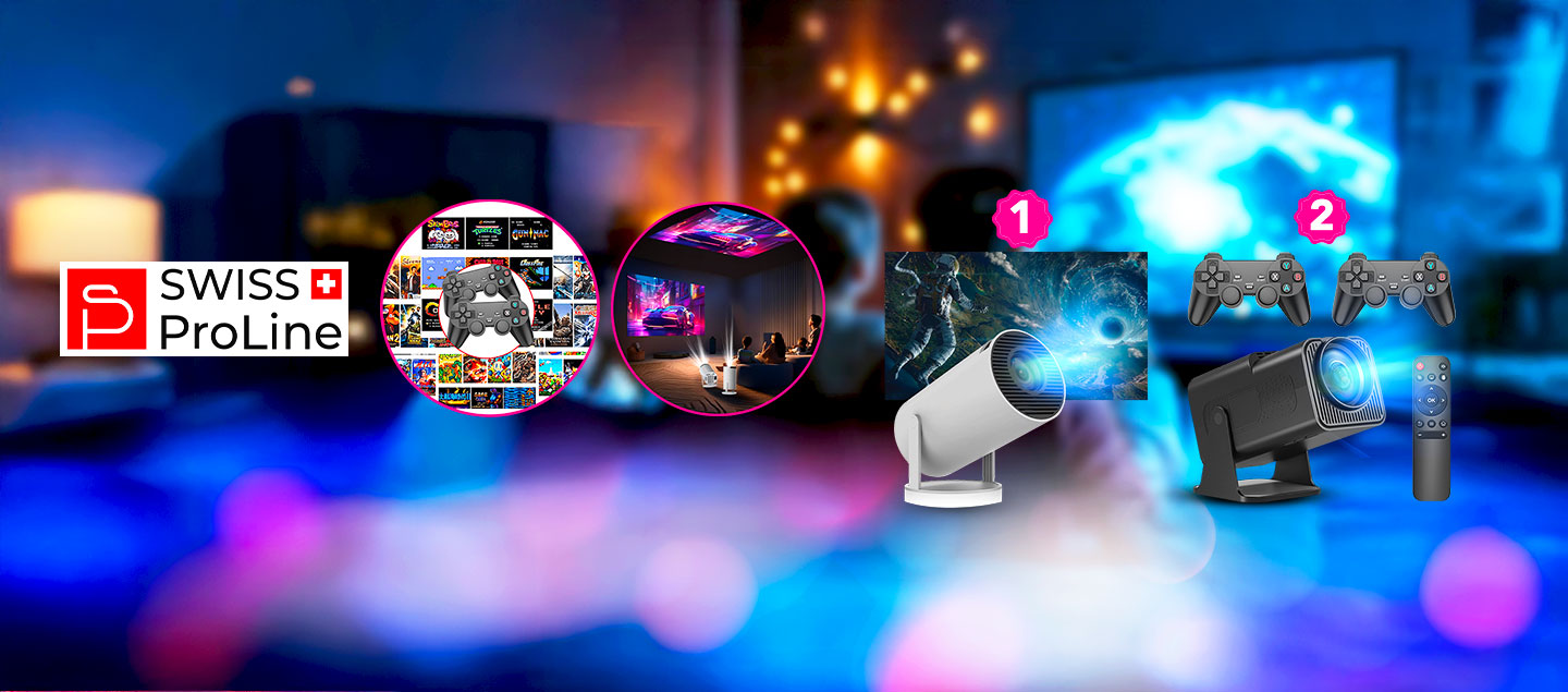 Projecteur connecté haute définition 4K (Application Netflix, Youtube, Amazon) Swiss ProLine - Classique ou avec 3'000 jeux