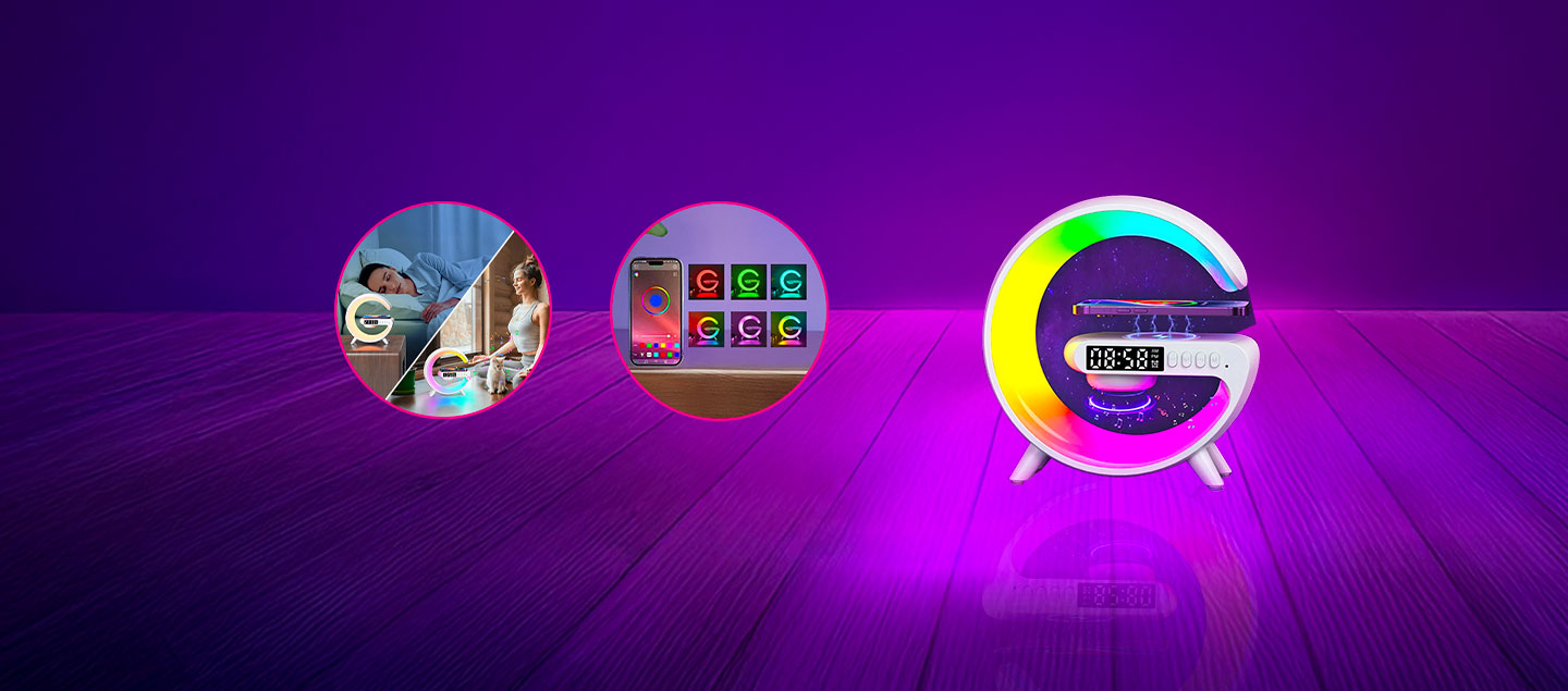 Lampe LED 4en1 connectée Bluetooth avec chargeur, haut-parleurs et réveil intégrés