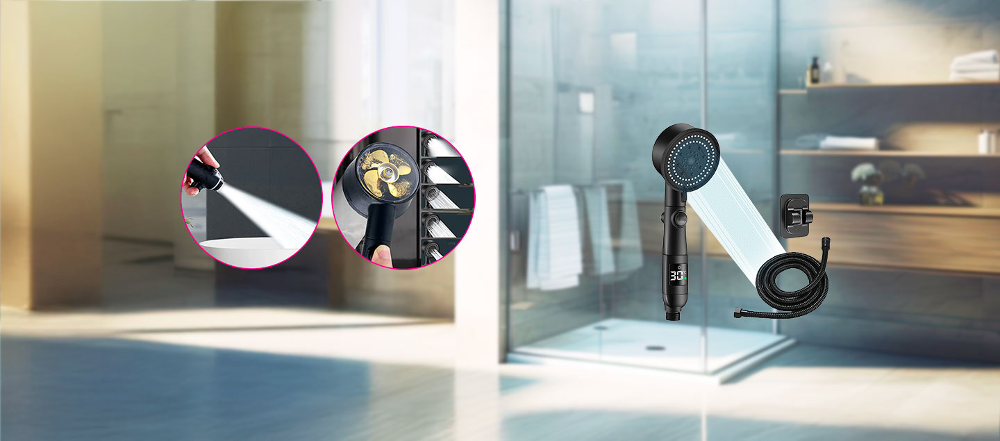 Pommeau de douche puissant avec température LED (tuyau de douche et support inclus)