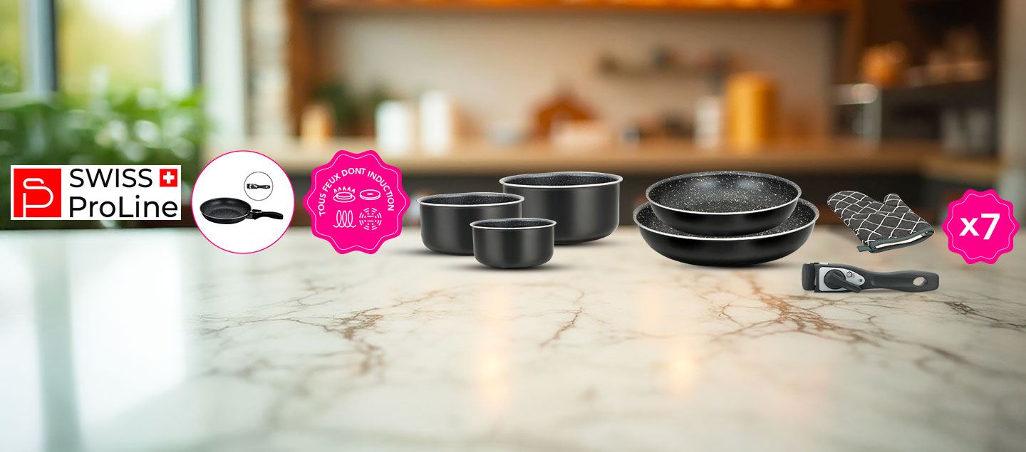 Batterie de cuisine 7 pièces avec poignée amovible tous feux dont Induction Swiss ProLine
