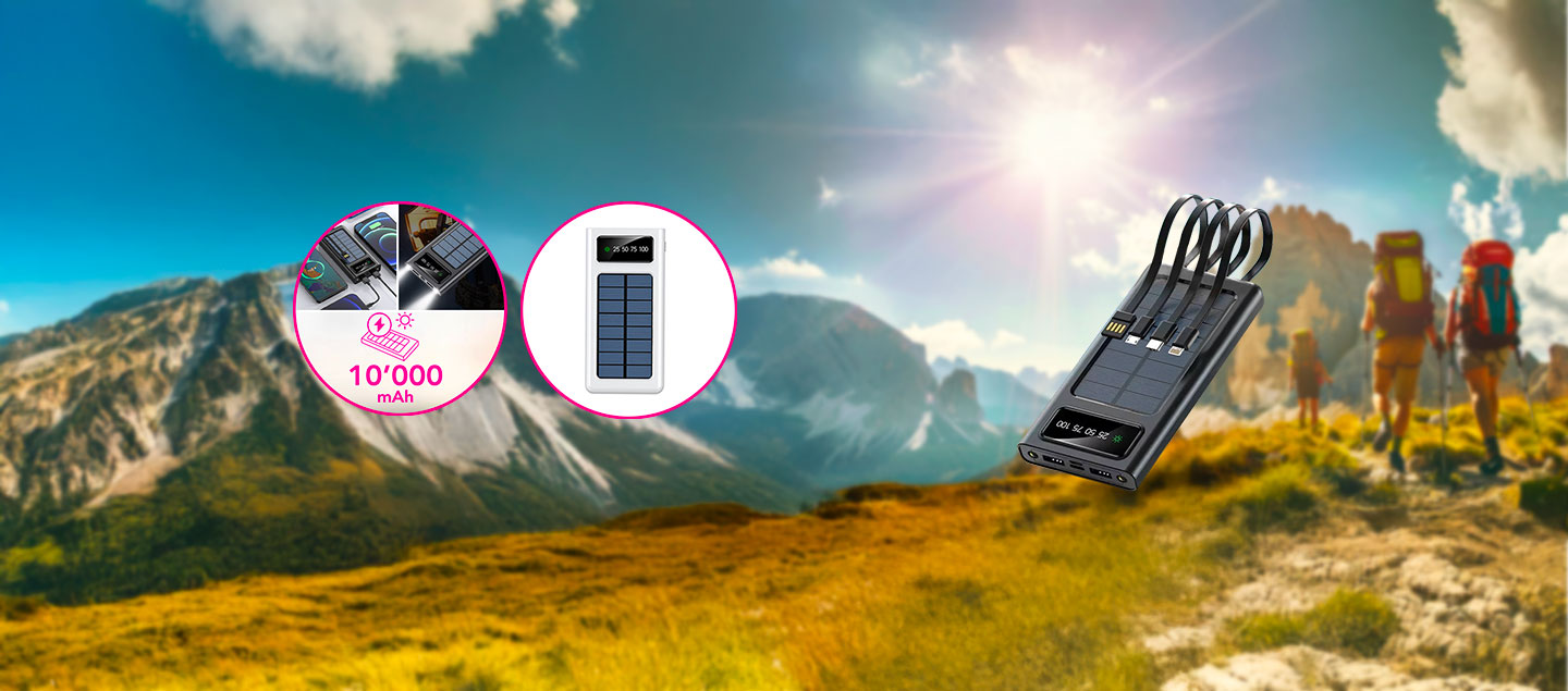 Batterie portable solaire 10'000 mAh avec câbles intégrés