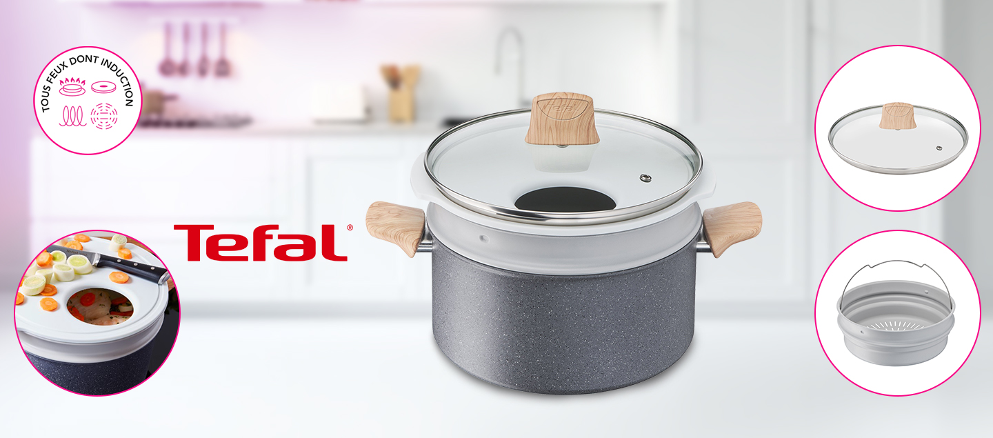 Set Cocotte TEFAL avec 3 accessoires (panier vapeur, planche à découper et couvercle)