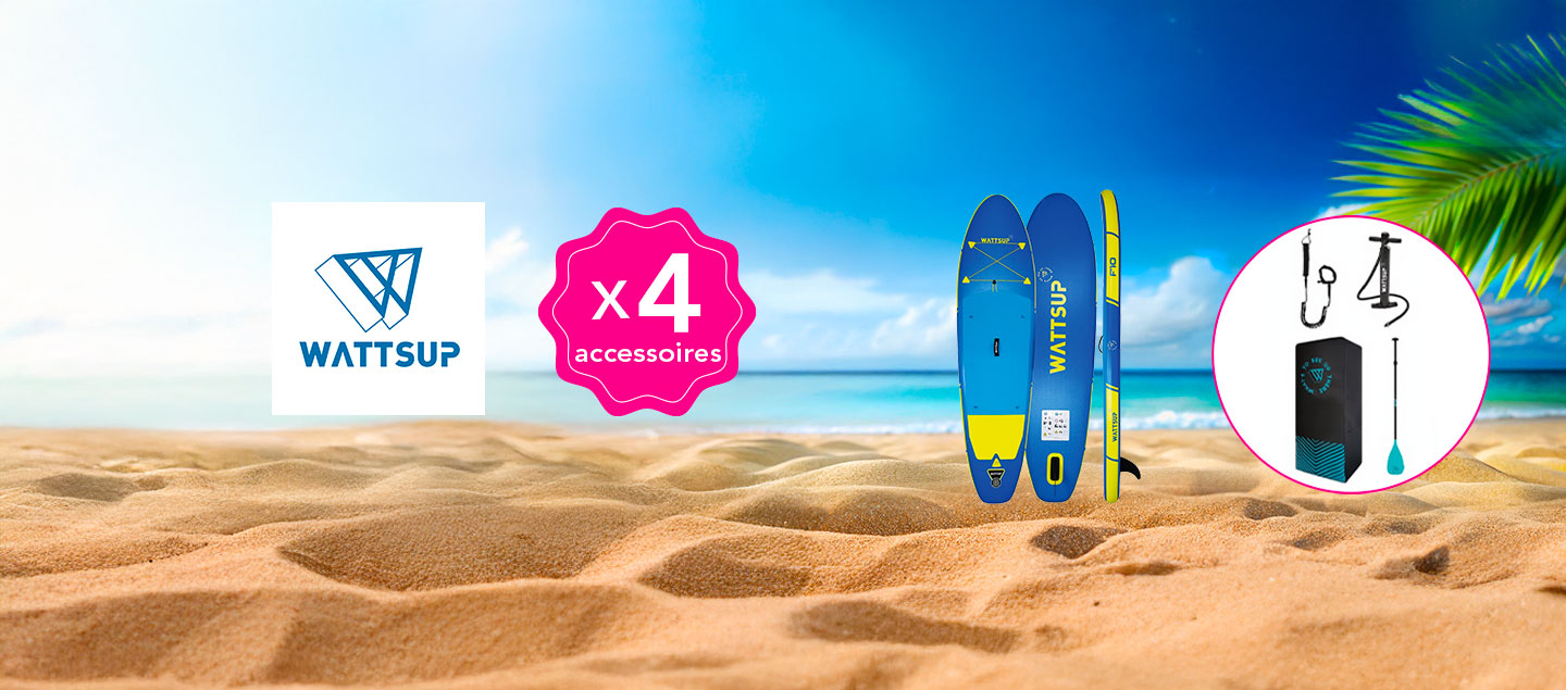 Paddle XL (305x81x15cm) avec accessoires WATTSUP (Sac de transport, leash, pompe haute pression, pagaie 3 sections)