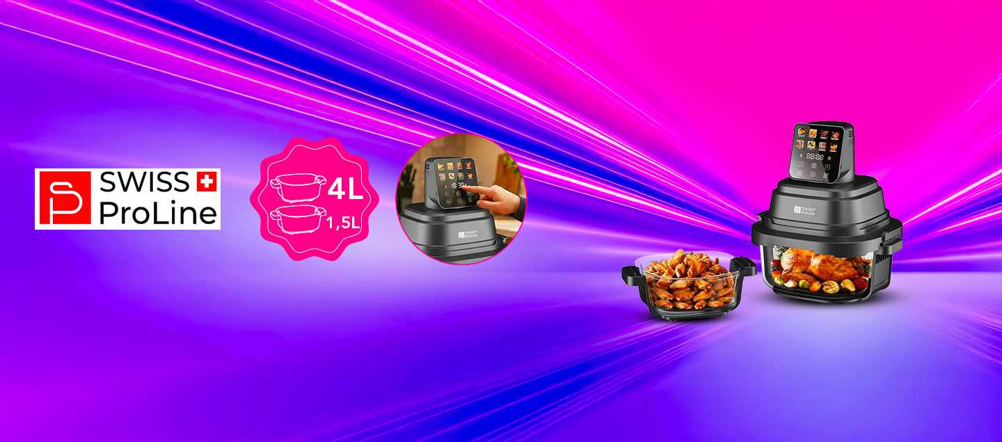 Friteuse Crispy Air Fryer (sans huile) portable avec double compartiments en verre Swiss ProLine