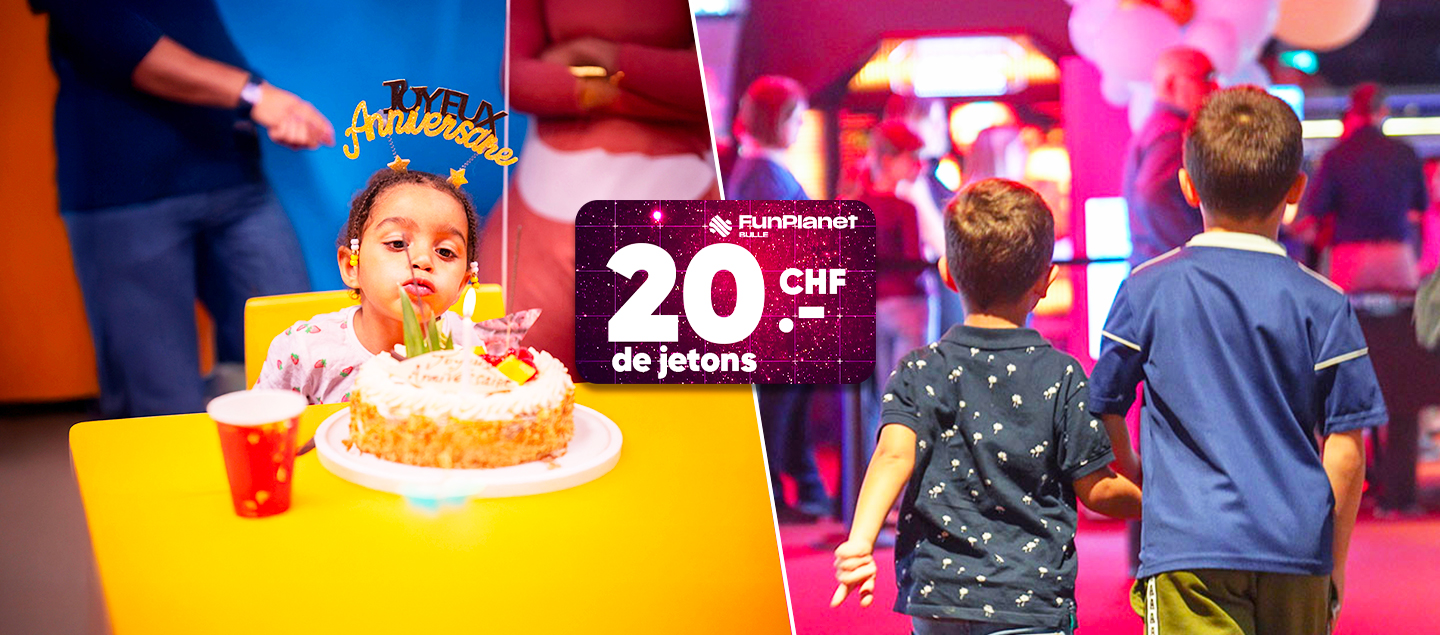 Fêtez l’anniversaire de votre enfant au FunPlanet de Bulle jusqu’à 7 enfants inclus + CHF 20.- de jetons