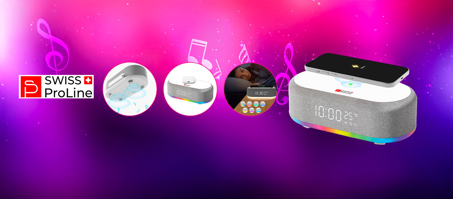 Réveil 6en1 (horloge, reveil, chargeur, LED, enceinte, thermomètre) Swiss ProLine
