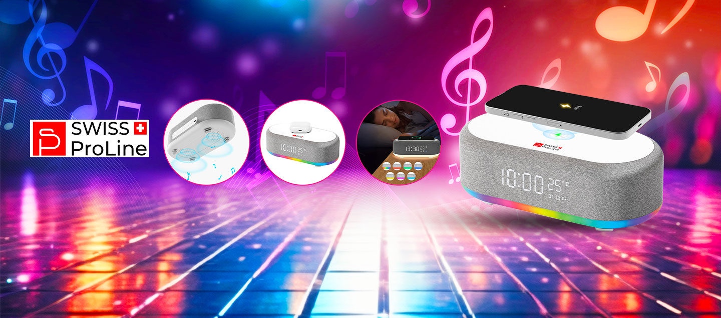 Réveil 6en1 (horloge, réveil, chargeur, LED, enceinte, thermomètre) Swiss ProLine