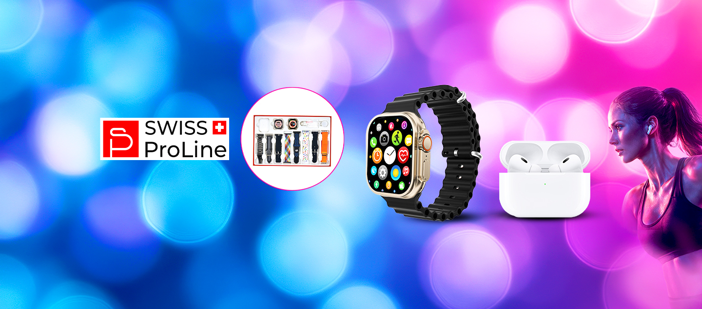 Coffret montre connectée, écouteurs sans fil Bluetooth, protection écran avec 8 bracelets Swiss ProLine