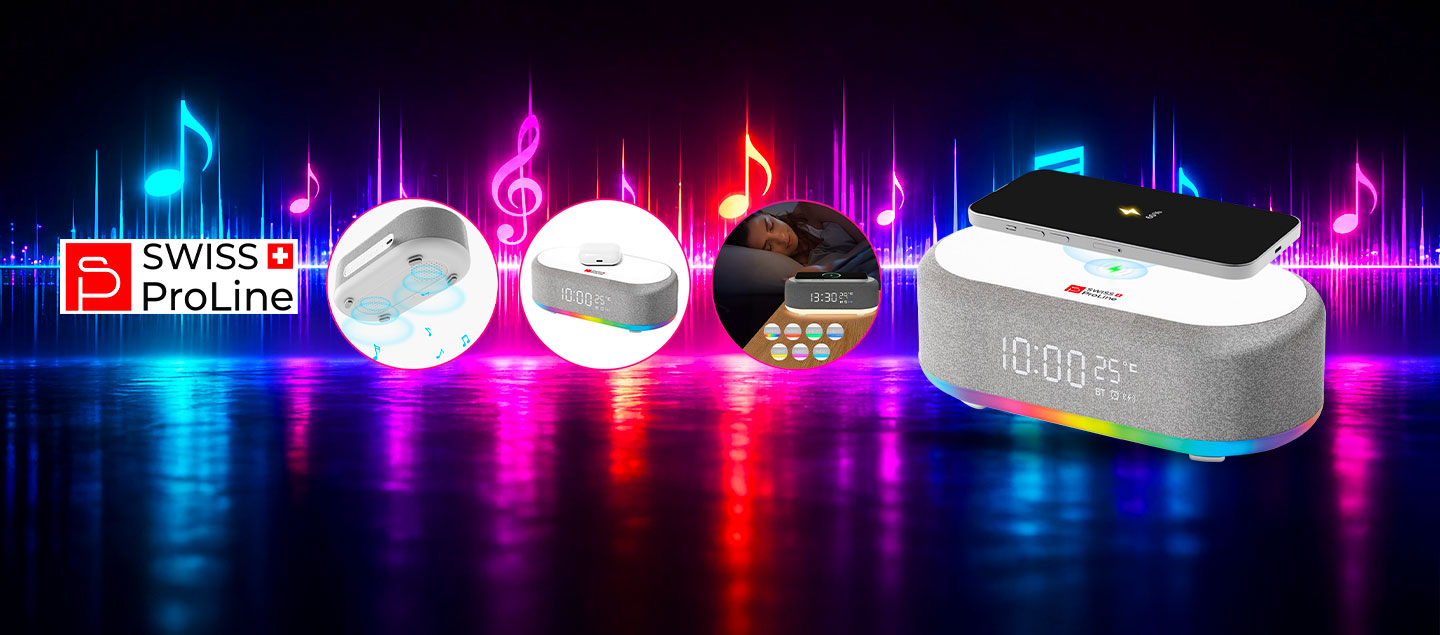 Réveil 6en1 (horloge, réveil, chargeur, LED, enceinte, thermomètre) Swiss ProLine