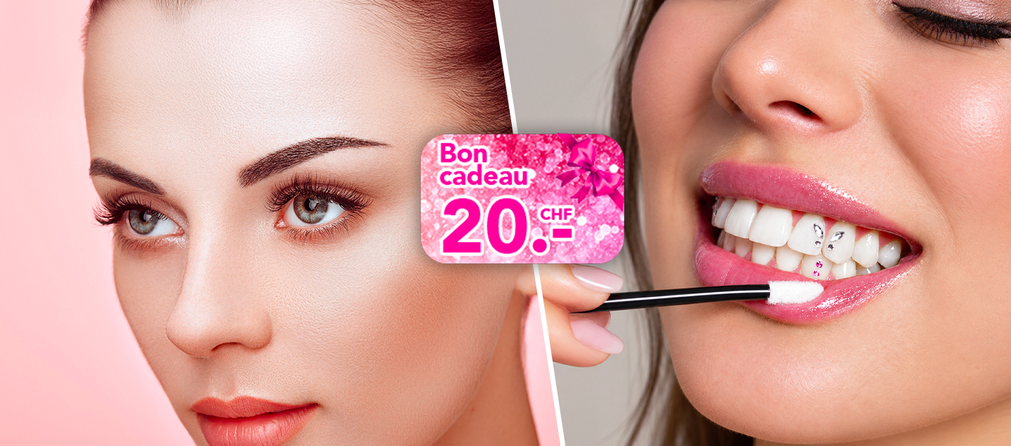 Rehaussement de cils avec teinture, soin à l'or 24K, pose d'un Strass dentaire Swarovski et bon de CHF 20.- 