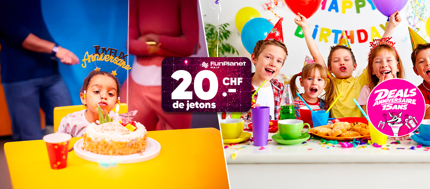 Fêtez l’anniversaire de votre enfant au FunPlanet de Bulle jusqu’à 7 enfants inclus + CHF 20.- de jetons