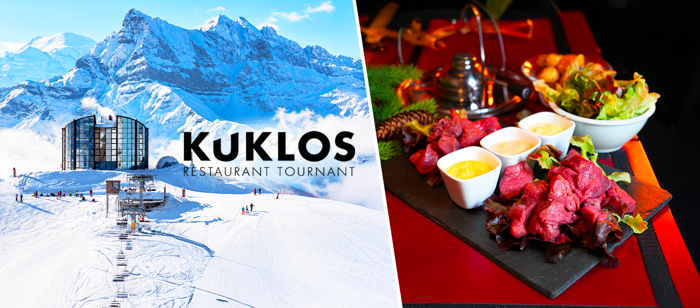 Fondue Bacchus 2 viandes (poulet et boeuf) à volonté au Restaurant Tournant Panoramique Le Kuklos à Leysin dès 2 personnes