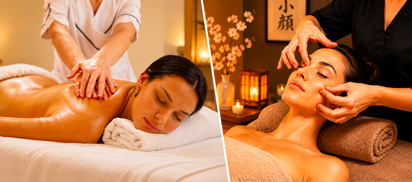 Shiatsu ou Massage détente énergétique aux huiles avec Relaxation du visage et du crâne