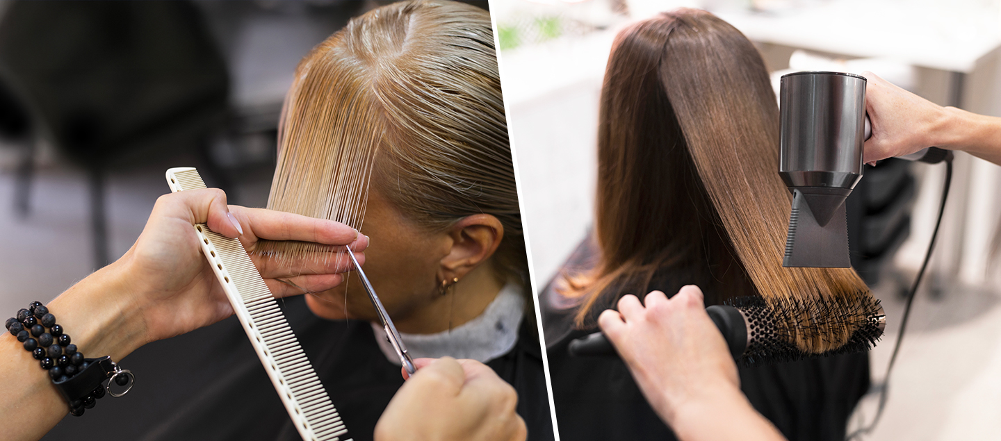 Coupe avec Shampoing, Soin et Brushing sur cheveux courts à mi-longs