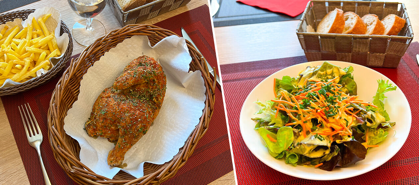 Demi-poulet au panier avec Pommes Frites et Salade pour 2 ou 4 personnes
