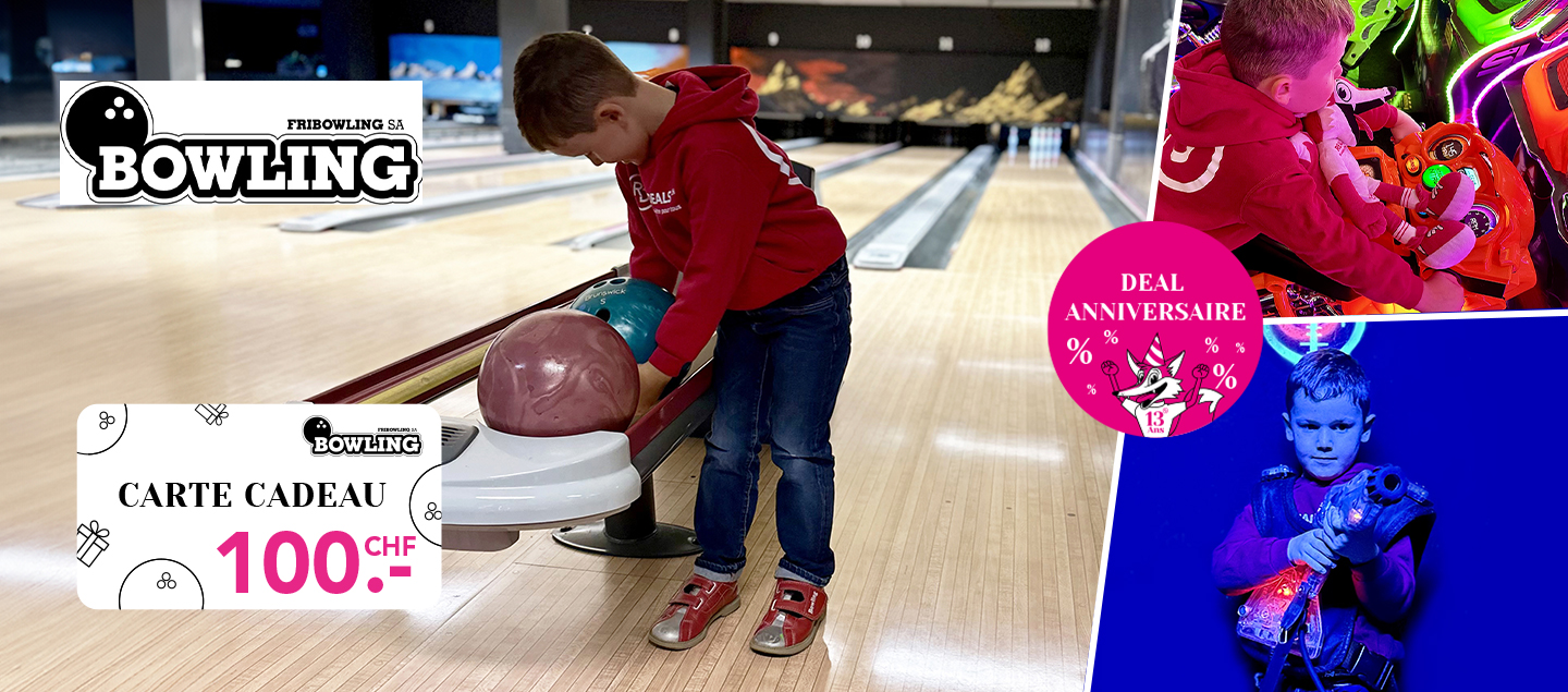 Carte cadeau de CHF 100.- valable à Fribowling (bowling, laser district, billard et neo xperience)