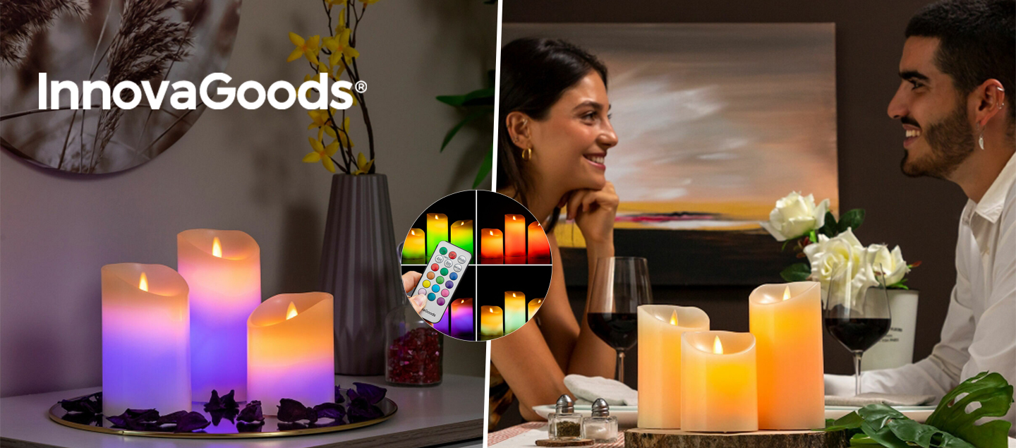 Set de 3 bougies LED multicolores avec effet flamme