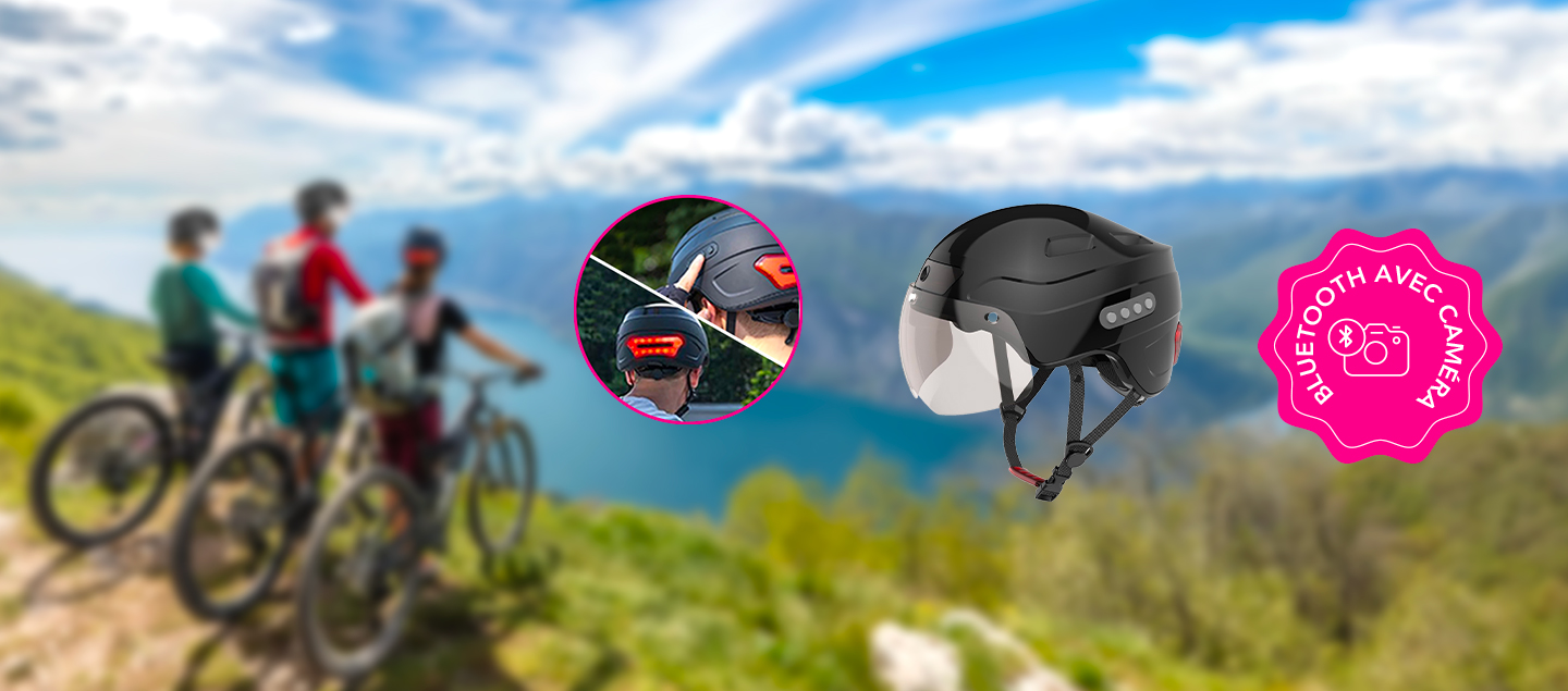 Casque vélo Bluetooth avec caméra, batterie (1500 mAh), clignotants et freinage LED intégrés