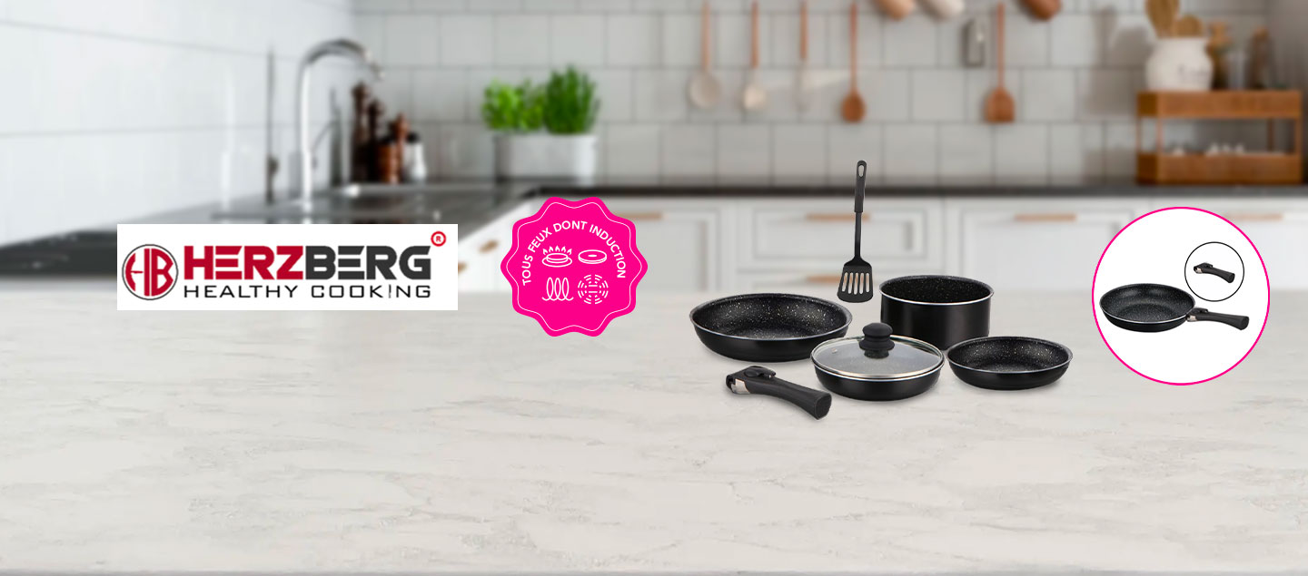 Set de 3 poêles et 1 casserole en marbre avec poignée amovible Herzberg
